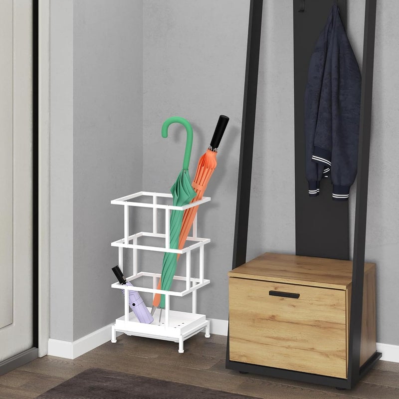 Alyoen Umbrella Holder for Entryway, Metal Umbrella Stand with Water Tray and Cane Holder, Adjustable Feet, 10.4 x 8.4 x 18.7 in, Suitable for Home, Office, and Shopping Mall (White) - Image 2