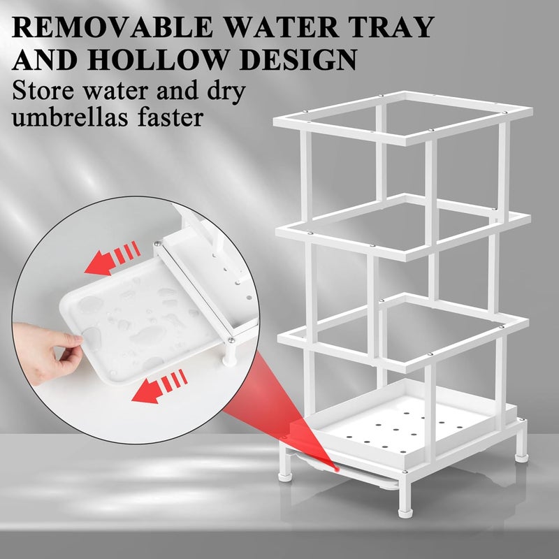Alyoen Umbrella Holder for Entryway, Metal Umbrella Stand with Water Tray and Cane Holder, Adjustable Feet, 10.4 x 8.4 x 18.7 in, Suitable for Home, Office, and Shopping Mall (White) - Image 3