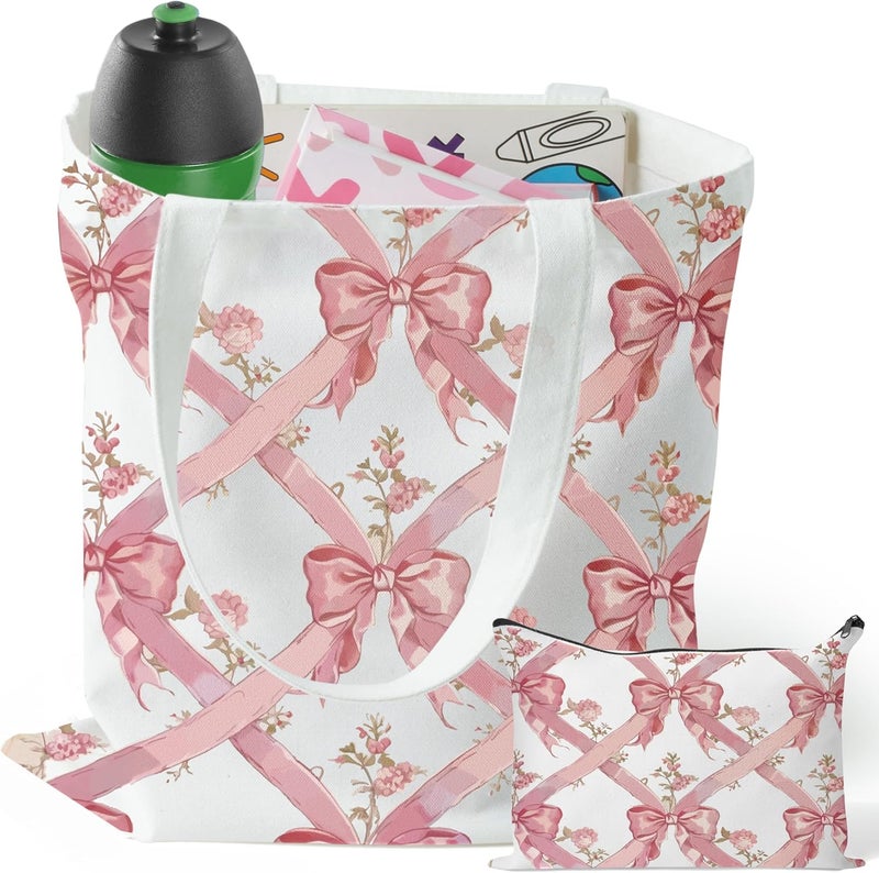 Y1tvei Y1tvei Coquette Bow Tote Bag - 2Pcs Aesthetic Pink Bow Floral Makeup Bag Set, Cute Pink Bow Canvas Tote Bag, Foldable Reusable Grocery Folding Shopping Bag, Coquette Stuff Zipper Pouch Gifts for Women