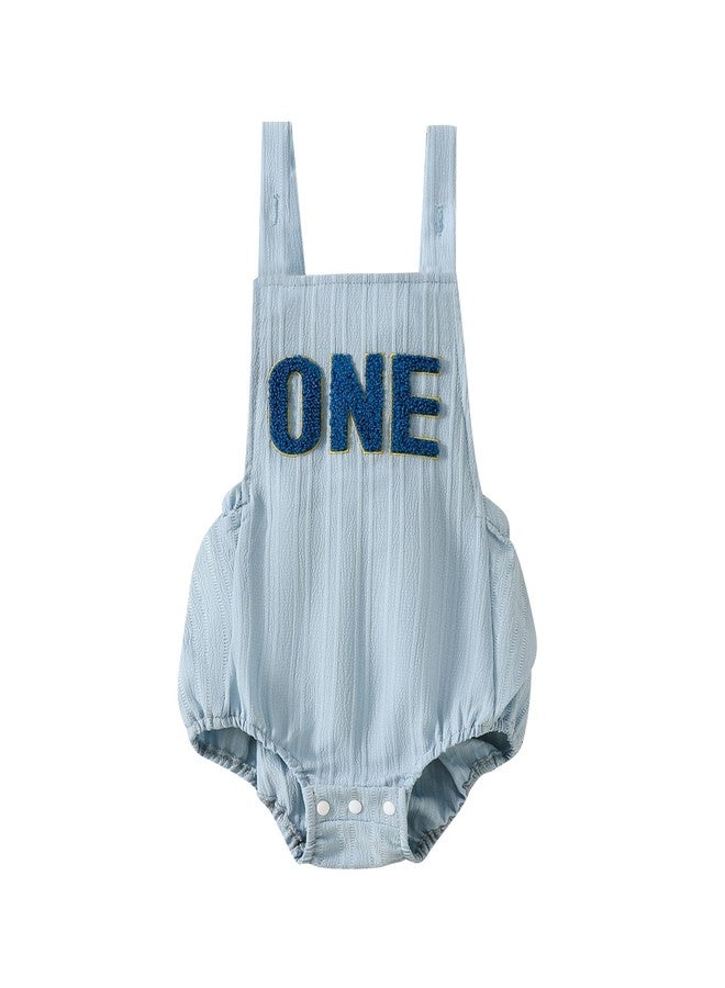 Lenjindjer Newborn Baby Boy First Birthday Ouftis Sleeveless One Print Cotton Linen Romper Bodysuit Summer Cake Smash Outfit (Sky Blue, 12-18 Months) - Image 1