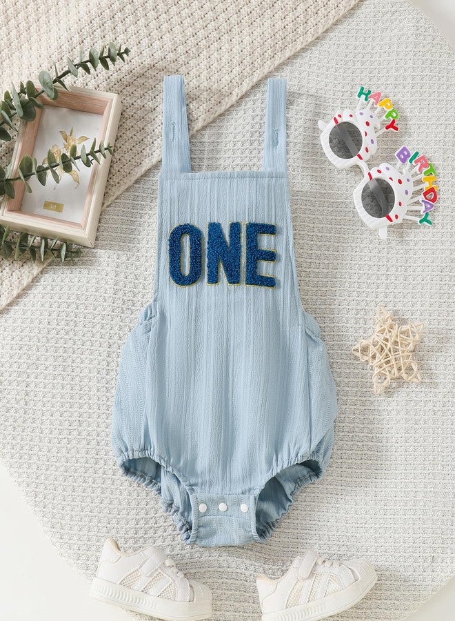 Lenjindjer Newborn Baby Boy First Birthday Ouftis Sleeveless One Print Cotton Linen Romper Bodysuit Summer Cake Smash Outfit (Sky Blue, 12-18 Months) - Image 2
