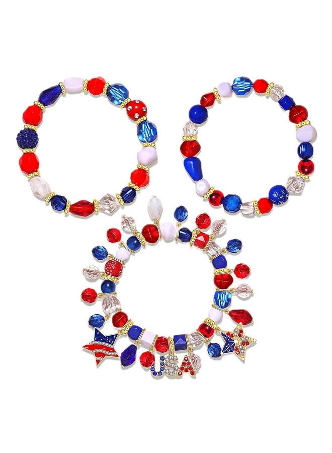 3Pcs 4Th Of July Bracelets For Women Glitter American Flag Star Top Hat Charm Bracelets Beaded Stretch Bracelet Set For Independence Day Parade Outfits Accessory Party Gifts (4Th Of July Set)