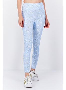 Women Floral Print Leggings, Sage Blue