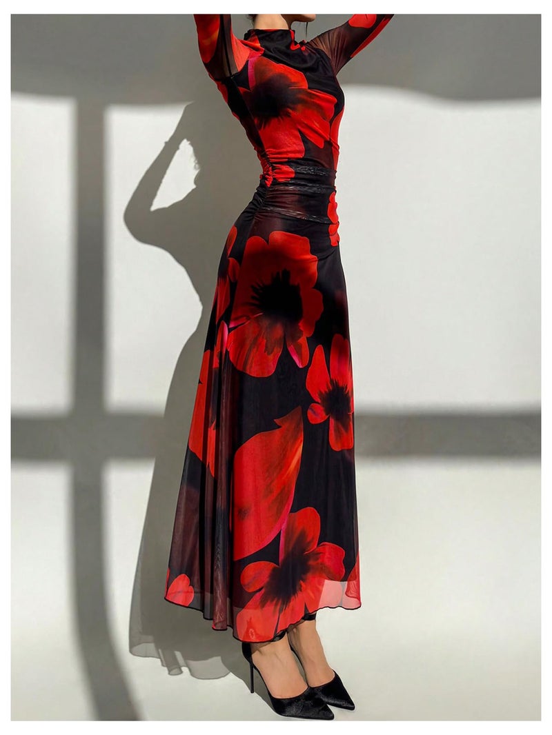 Verdusa Women's Floral Slimming Wedding Guest Dress Long Sleeve Holiday Maxi Dresses Black Medium - Image 4