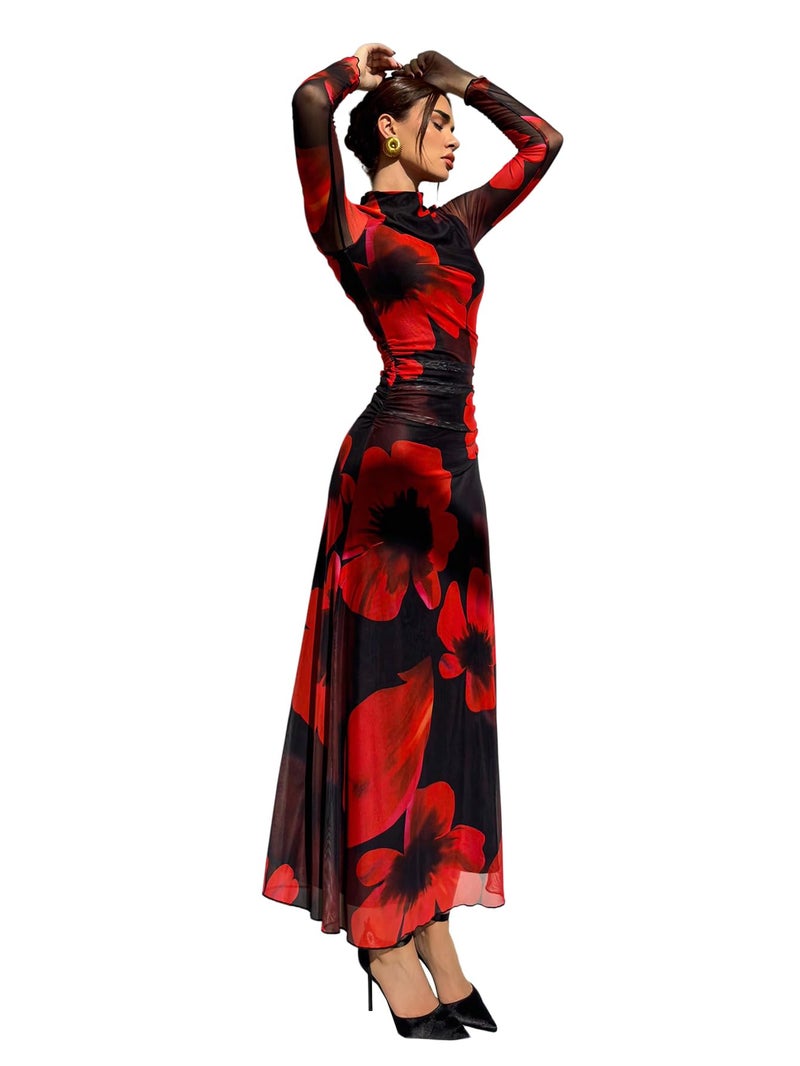 Verdusa Women's Floral Slimming Wedding Guest Dress Long Sleeve Holiday Maxi Dresses Black Medium - Image 1
