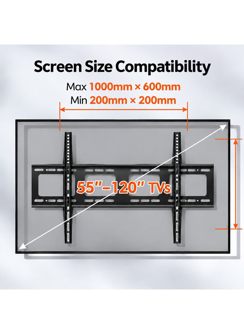BEETEC Fixed TV Wall Mount Bracket for 55-120 Inch Flat Panel TVs up to 150 kg/330 lbs and up to 1000x600 VESA, TV Wall Bracket with Extra-Large Heavy-Duty Design, Black | TF-100F - Image 3