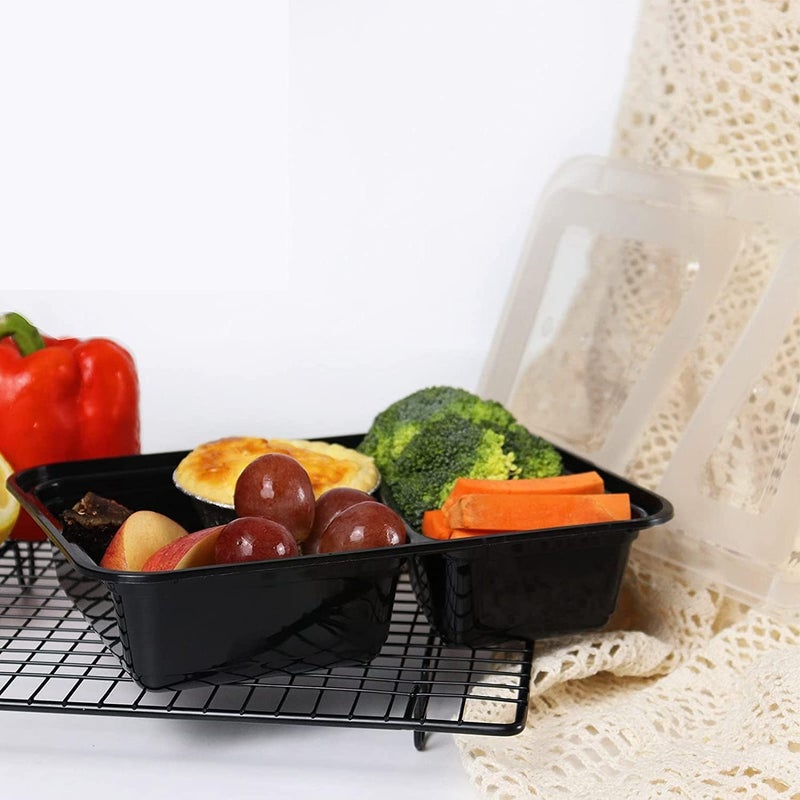 البيادر صحن  بلاستيك حراري -25 حبه -مستطيل أسود 32 أونص مقسم إلى خانتين مع غطاء شفاف – حاويات طعام متينة ومضادة للتسرب - Image 4