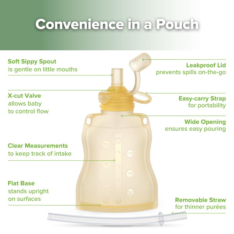 haakaa Pouch Reusable Baby Food Pouch, Reusable Pouches for Toddlers Kids Squeezable Pouch, Washable Freezer - Make Homemade Organic Food for Babies/Toddlers, 4oz, 2 Pack (Yellow) - Image 4