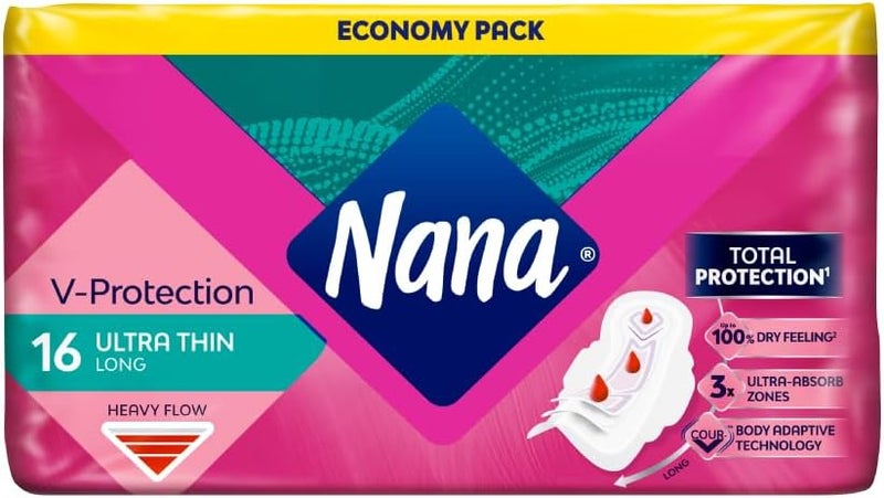 Nana فوط صحية نانا فائقة النحافة طويلة مع أجنحة، 16 قطعة - تدفق كثيف - Image 1
