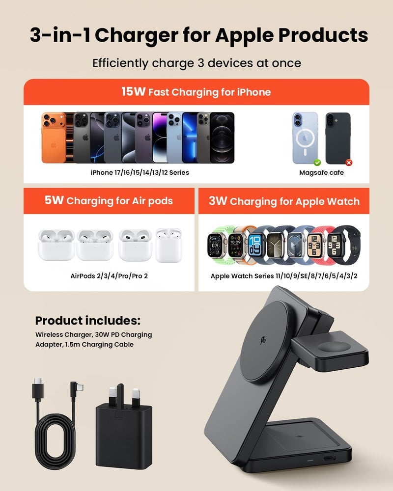 GEEKERA 3 in 1 Wireless Charging Station, Fast Qi2 15W Magnetic Wireless Charger Stand for Apple Devices, Foldable Travel Charging Dock for iPhone 17 16 15 14 13 12, for Apple Watch & AirPods - Image 4