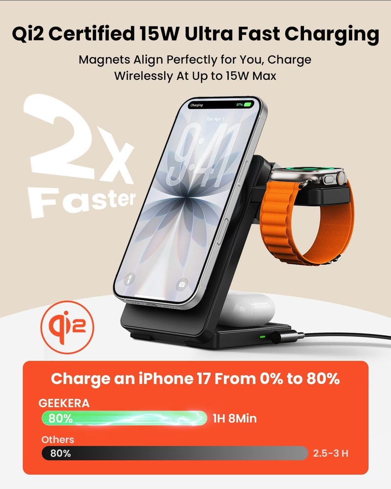 GEEKERA 3 in 1 Wireless Charging Station, Fast Qi2 15W Magnetic Wireless Charger Stand for Apple Devices, Foldable Travel Charging Dock for iPhone 17 16 15 14 13 12, for Apple Watch & AirPods - Image 2