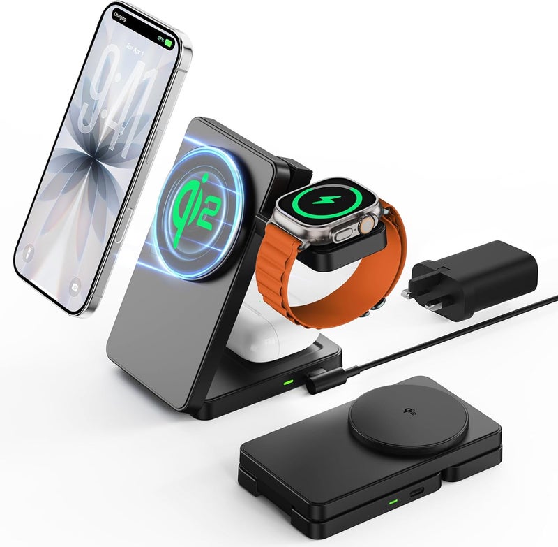 GEEKERA 3 in 1 Wireless Charging Station, Fast Qi2 15W Magnetic Wireless Charger Stand for Apple Devices, Foldable Travel Charging Dock for iPhone 17 16 15 14 13 12, for Apple Watch & AirPods - Image 1