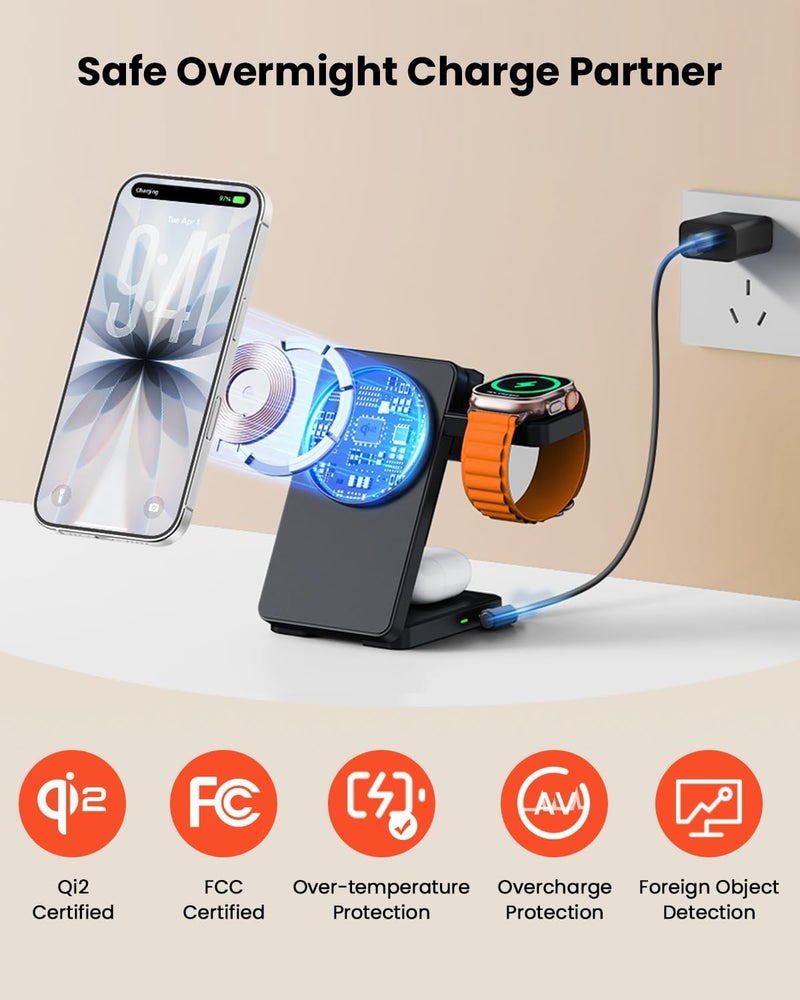 GEEKERA 3 in 1 Wireless Charging Station, Fast Qi2 15W Magnetic Wireless Charger Stand for Apple Devices, Foldable Travel Charging Dock for iPhone 17 16 15 14 13 12, for Apple Watch & AirPods - Image 5