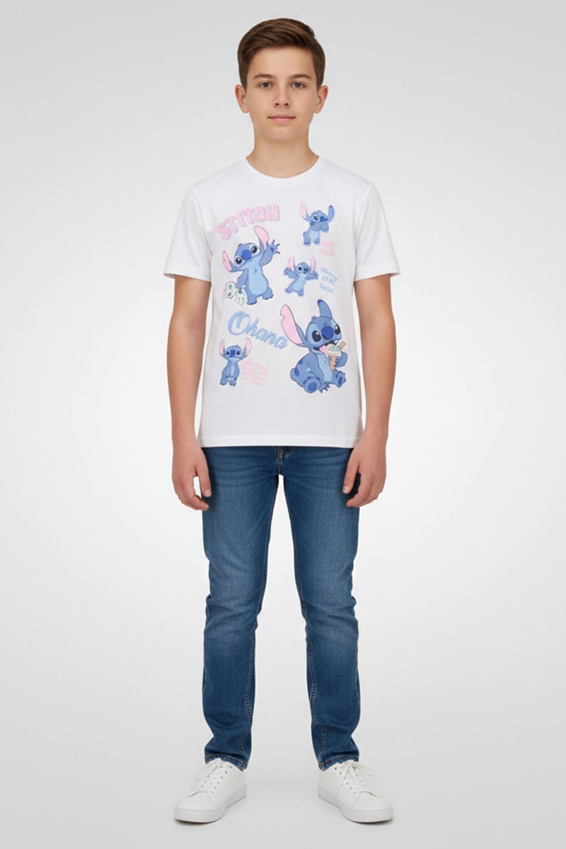 Disney Kids Boy Stitch Graphic Print Short Sleeve T-Shirt, White - Image 1