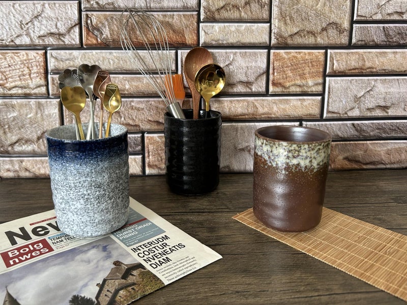 TOPYOKK Stoneware Coffee Bar Utensil Holder Tea & Coffee Spoon & Stirrer Holder for Stir Stick Straw Teaspoon Holder Spoon Cup Small Utensil Jar (Retro Rustic Brown) - Image 3
