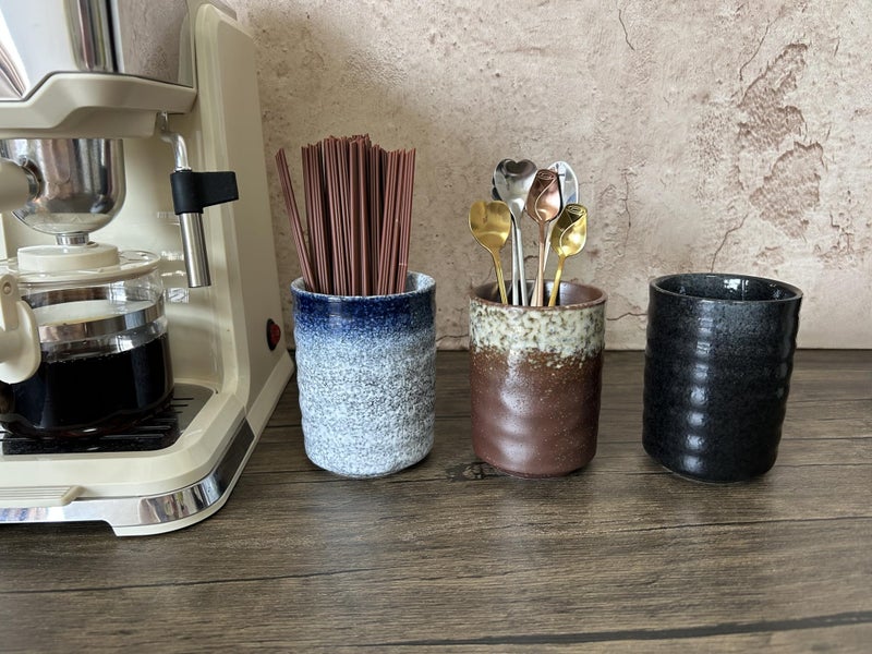 TOPYOKK Stoneware Coffee Bar Utensil Holder Tea & Coffee Spoon & Stirrer Holder for Stir Stick Straw Teaspoon Holder Spoon Cup Small Utensil Jar (Retro Rustic Brown) - Image 2