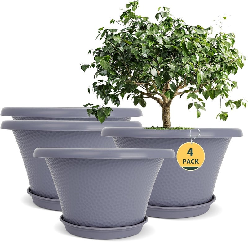 Quarut 12 Inch Large Planter Pot for Plants Indoor Outdoor, 4 Pack Plastic Flower Pots with Drainage Hole & Tray, Modern Decorative Garden Pot with Saucer, Plant Container for House Grey - Image 1