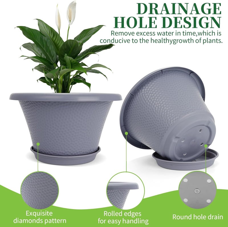Quarut 12 Inch Large Planter Pot for Plants Indoor Outdoor, 4 Pack Plastic Flower Pots with Drainage Hole & Tray, Modern Decorative Garden Pot with Saucer, Plant Container for House Grey - Image 4