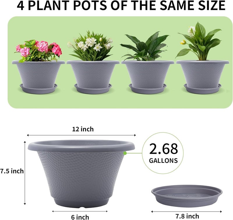 Quarut 12 Inch Large Planter Pot for Plants Indoor Outdoor, 4 Pack Plastic Flower Pots with Drainage Hole & Tray, Modern Decorative Garden Pot with Saucer, Plant Container for House Grey - Image 5