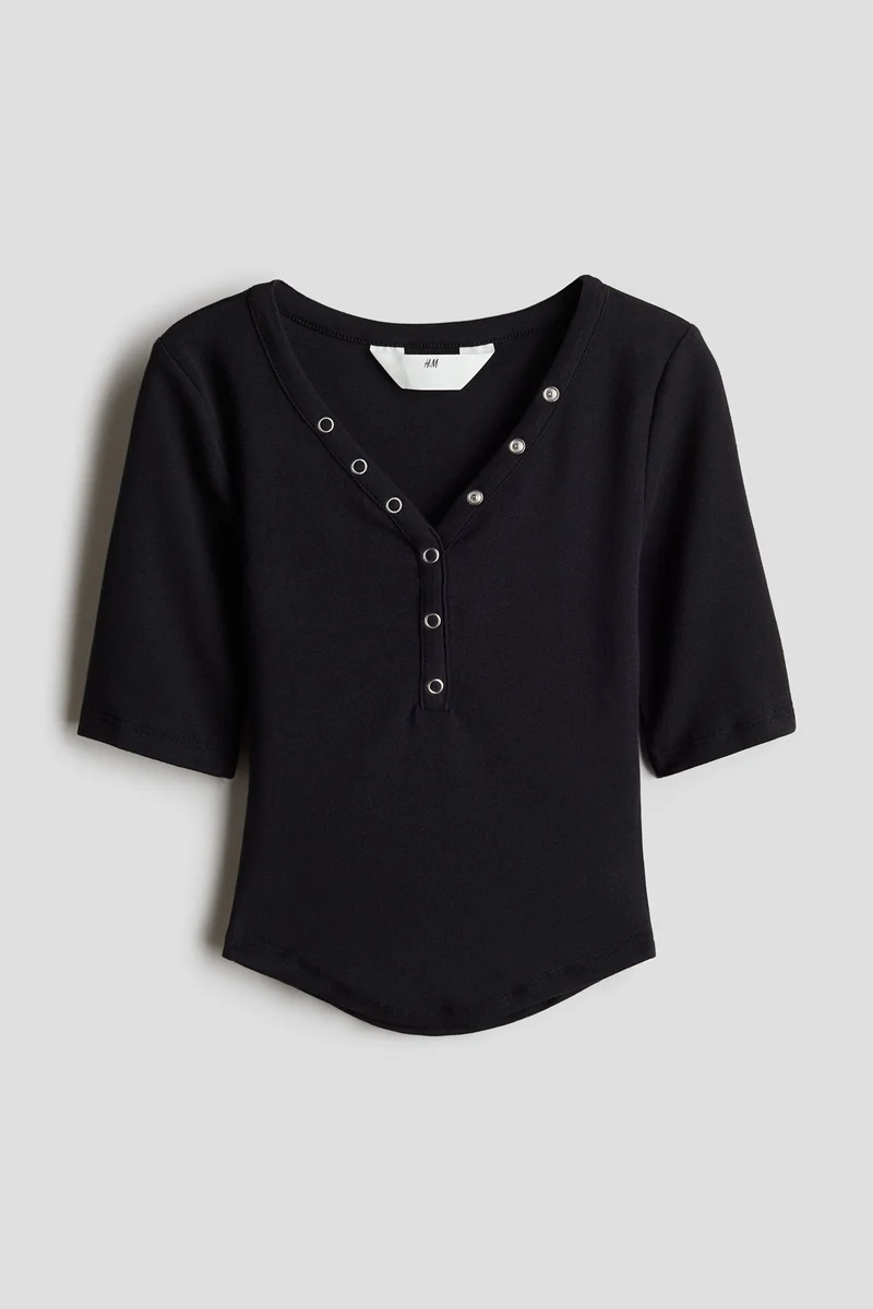 H&M Decorative-Placket Ribbed Top