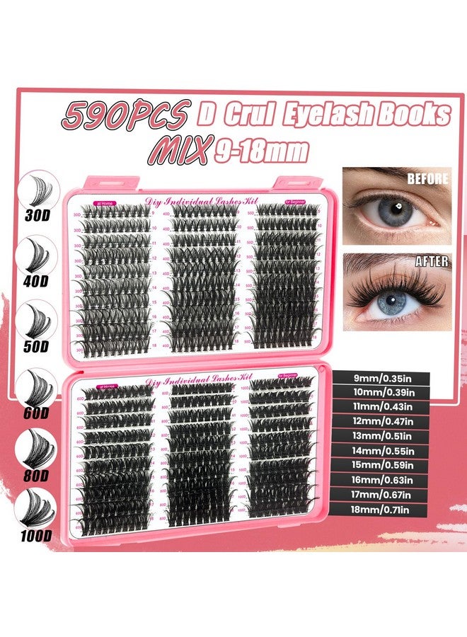 DNSGOOR DIY Lash Extension Kit 590Pcs 9-18mm D Curl Lashes Clusters with Lash Bond and Seal Glue Remover Lash Shampoo Cleansing Brush Headband Wristband Tweezers Eyelash Brush Applicator - Image 2