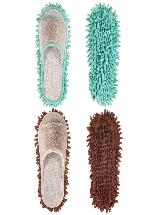 Jecery 2 Pairs Microfiber Cleaning Mop Slippers for Floor Cleaning House Mop Shoes Men and Women Washable Unisex Dusting Slippers Dirt Tool Supplies(Medium,Green, Coffee) - Image 1