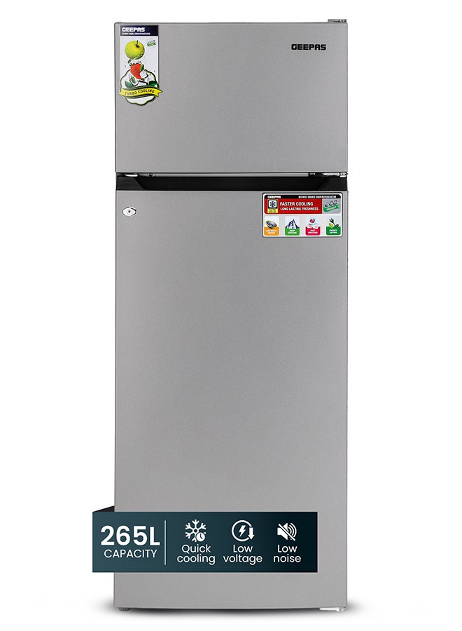 240L Gross/205L Net Capacity Double Door Defrost Refrigerator| With faster Cooling, Long Lasting Freshness, Extra Space, VCM Steel Body,Tempered Glass Shelves, Handle Lock And Key, Temperature Control, LED Lighting|37L Freezer Capacity 265 L GRF2400S