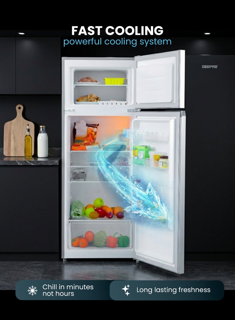 GEEPAS 240L Gross/205L Net Capacity Double Door Defrost Refrigerator| With faster Cooling, Long Lasting Freshness, Extra Space, VCM Steel Body,Tempered Glass Shelves, Handle Lock And Key, Temperature Control, LED Lighting|37L Freezer Capacity 265 L GRF2400SXE Silver - Image 4