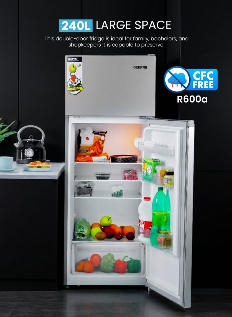 GEEPAS 240L Gross/205L Net Capacity Double Door Defrost Refrigerator| With faster Cooling, Long Lasting Freshness, Extra Space, VCM Steel Body,Tempered Glass Shelves, Handle Lock And Key, Temperature Control, LED Lighting|37L Freezer Capacity 265 L GRF2400SXE Silver - Image 3