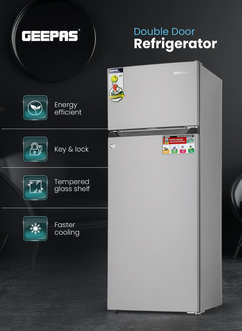 GEEPAS 240L Gross/205L Net Capacity Double Door Defrost Refrigerator| With faster Cooling, Long Lasting Freshness, Extra Space, VCM Steel Body,Tempered Glass Shelves, Handle Lock And Key, Temperature Control, LED Lighting|37L Freezer Capacity 265 L GRF2400SXE Silver - Image 2