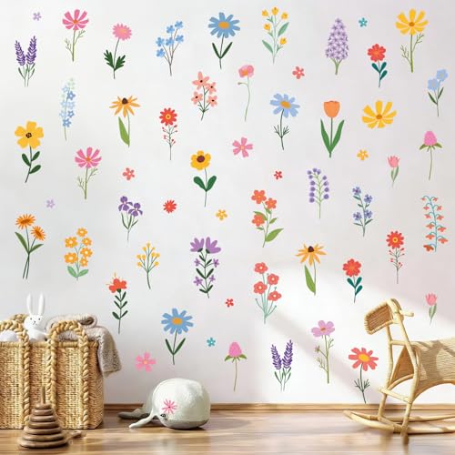 Pedel Spring Flower Wall Stickers, 8 Sheets Wildflower Wall Decals Peel and Stick Floral Wall Decor for Girls Bedroom Nursery Spring Room Decorations 90 Pcs - Image 1