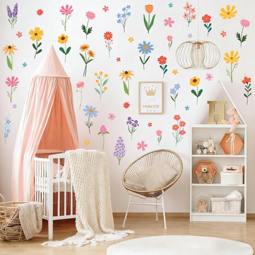 Pedel Spring Flower Wall Stickers, 8 Sheets Wildflower Wall Decals Peel and Stick Floral Wall Decor for Girls Bedroom Nursery Spring Room Decorations 90 Pcs - Image 2