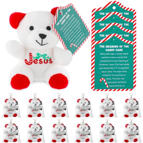 Poen 27 Pack Christmas Jesus Mini Plush Bears with Candy Cane Cards Set Religious Stuffed Animal Plush Bears for Classroom School Kids Exchange Prize Gifts Bear Doll Toy for Xmas Party Favors - Image 1
