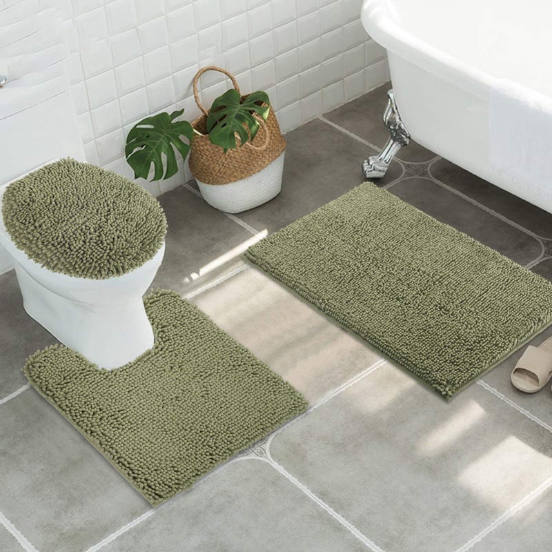 ITSOFT 3pc NonSlip Shaggy Chenille Bathroom Mat Set Includes 24 x 21 Inches UShaped Contour Toilet Rug 34 x 21 Inches Bathmat and 1 Toilet Lid Cover Chocolate Brown