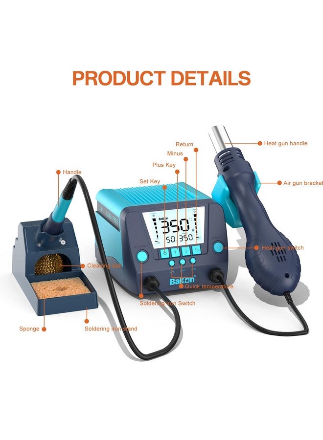BAKON 882 2-In-1 SMD Hot Air Rework and Soldering Station with LCD Display,°F /°C,Auto Sleep & Standby,Digital Correction, Solder Wire, Tips,Tweezers, Nozzles,Solder Sucker - Image 4