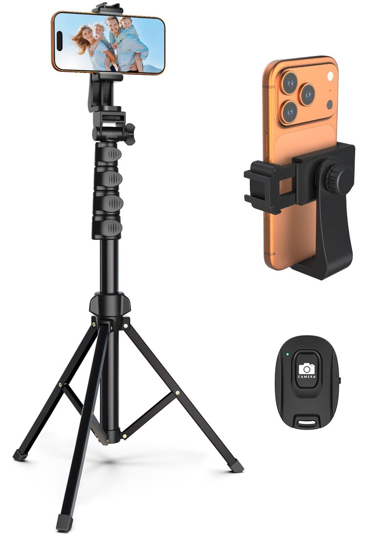 64 inch Tripod for Mobile Phone and Camera with Remote Control and Phone Holder, Compatible with iPhone, Android and Camera, Aluminum Alloy and Stainless Steel, Black - Image 1
