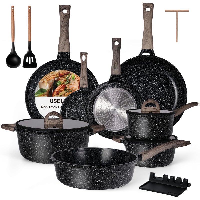 USELUCK Ceramic Cookware Set 22 Piece Nonstick Pots and Pans Set Non Stick Kitchen Cooking Sets 8"Frying Pans with Lid,Black Granite Non-Toxic Induction Kitchen Cookware w/Glass Lids PFOS/PFOA-Free - Image 1