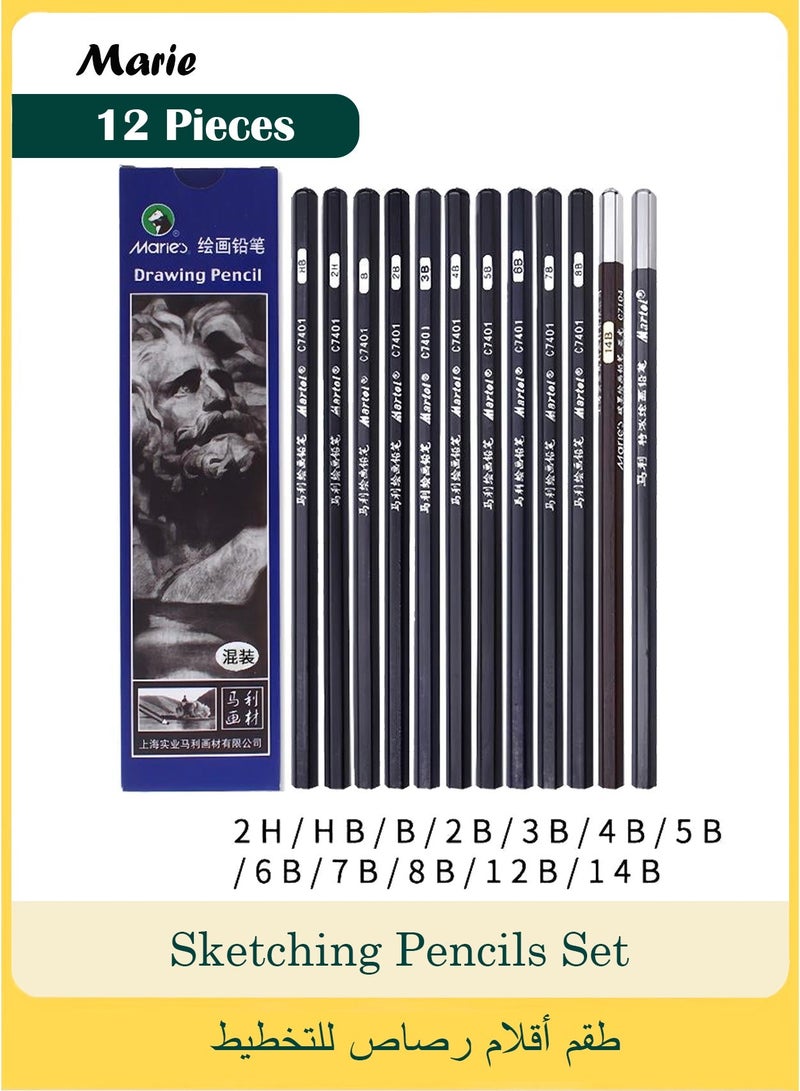 Marie 12 Pieces Sketching Pencils Set, 2H to 14B Drawing Pencils, Professional Graphite Pencils for Artists, Students, Designers, Sketching & Shading (Black) - Image 1