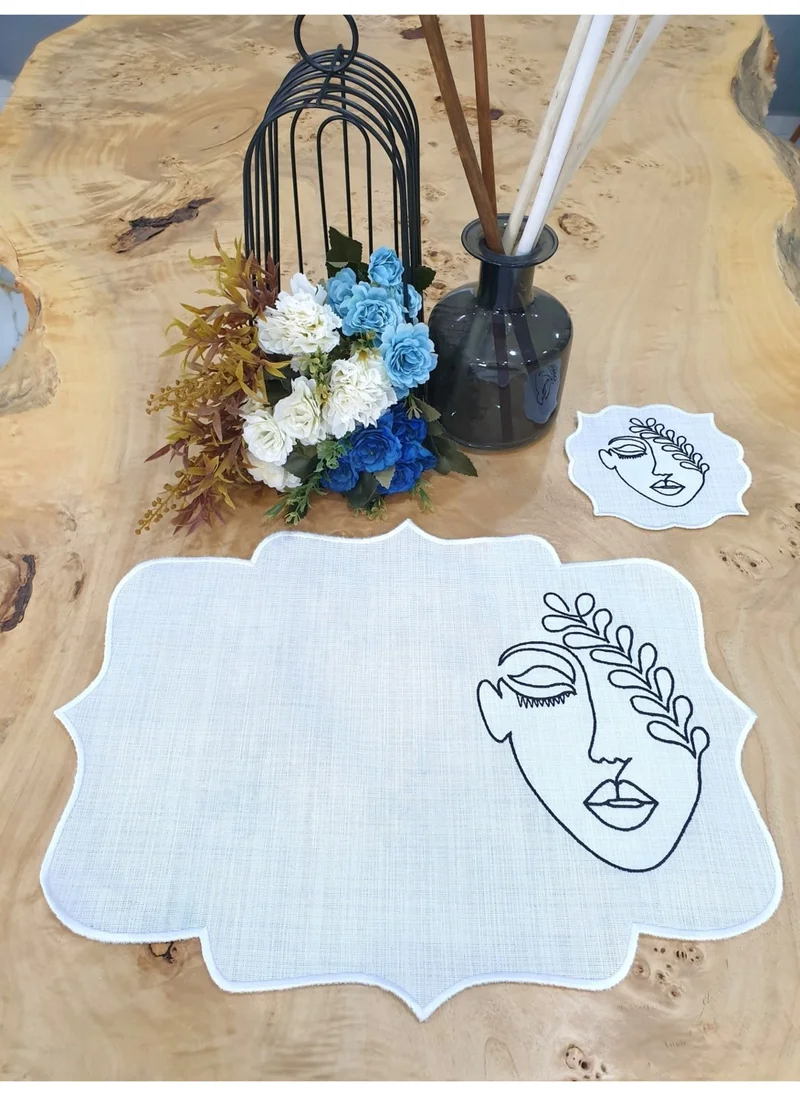 Tanem Home Face Pattern Linen Fabric Embroidered Placemat Set Plate Coaster, Coaster White
