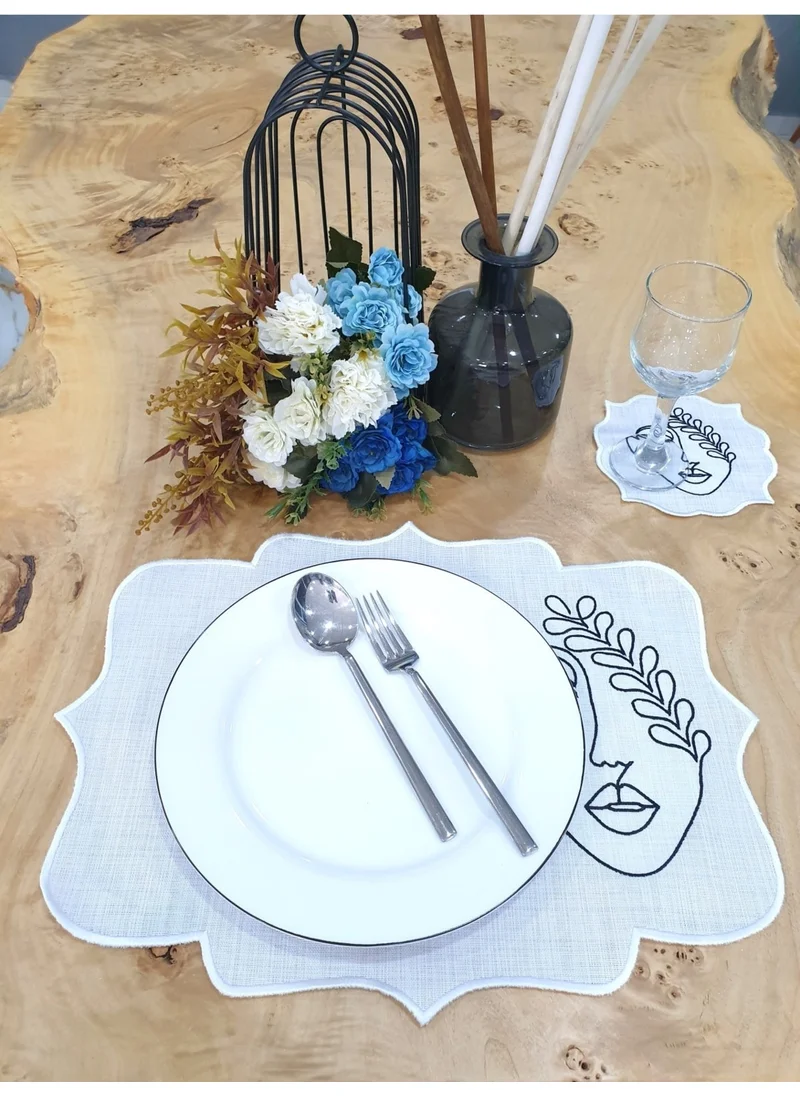 Tanem Home Face Pattern Linen Fabric Embroidered Placemat Set Plate Coaster, Coaster White