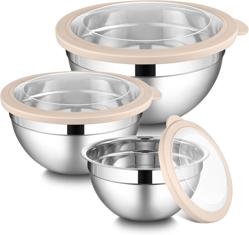 LIANYU Mixing Bowls with Visible Airtight Lids, 3Pcs Stainless Steel Large Metal Nesting Kitchen Bowls Set, 4.6 & 2.6 & 1.5QT Size Ideal for Mixing, Baking, Serving, Dishwasher & Freezer Safe, Khaki - Image 1