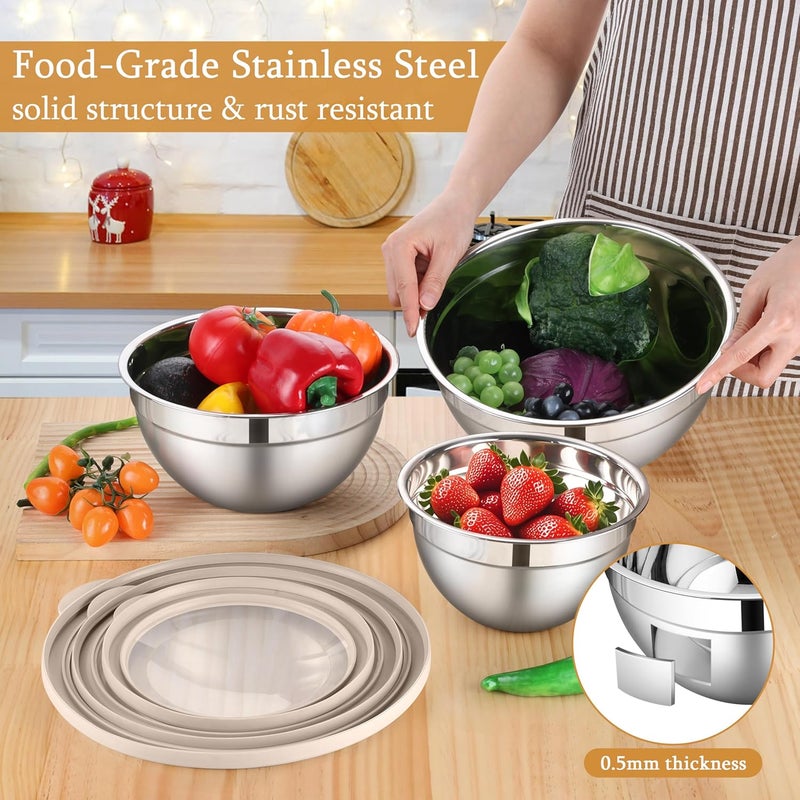 LIANYU Mixing Bowls with Visible Airtight Lids, 3Pcs Stainless Steel Large Metal Nesting Kitchen Bowls Set, 4.6 & 2.6 & 1.5QT Size Ideal for Mixing, Baking, Serving, Dishwasher & Freezer Safe, Khaki - Image 3