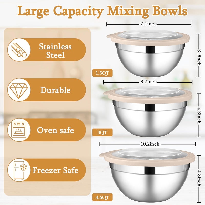 LIANYU Mixing Bowls with Visible Airtight Lids, 3Pcs Stainless Steel Large Metal Nesting Kitchen Bowls Set, 4.6 & 2.6 & 1.5QT Size Ideal for Mixing, Baking, Serving, Dishwasher & Freezer Safe, Khaki - Image 2