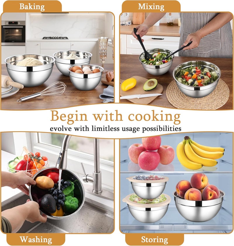 LIANYU Mixing Bowls with Visible Airtight Lids, 3Pcs Stainless Steel Large Metal Nesting Kitchen Bowls Set, 4.6 & 2.6 & 1.5QT Size Ideal for Mixing, Baking, Serving, Dishwasher & Freezer Safe, Khaki - Image 5