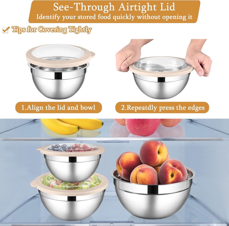 LIANYU Mixing Bowls with Visible Airtight Lids, 3Pcs Stainless Steel Large Metal Nesting Kitchen Bowls Set, 4.6 & 2.6 & 1.5QT Size Ideal for Mixing, Baking, Serving, Dishwasher & Freezer Safe, Khaki - Image 4