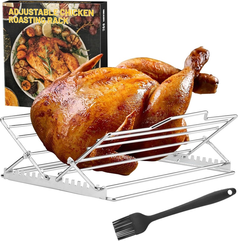 AGIgear Adjustable Chicken Roasting Rack,Non-Stick Roasting and Cooling Rack, Stainless Steel Foldable Roasting Rack,V-Shaped Stand for Turkey Chicken Includes basting Brush (Silver) - Image 1