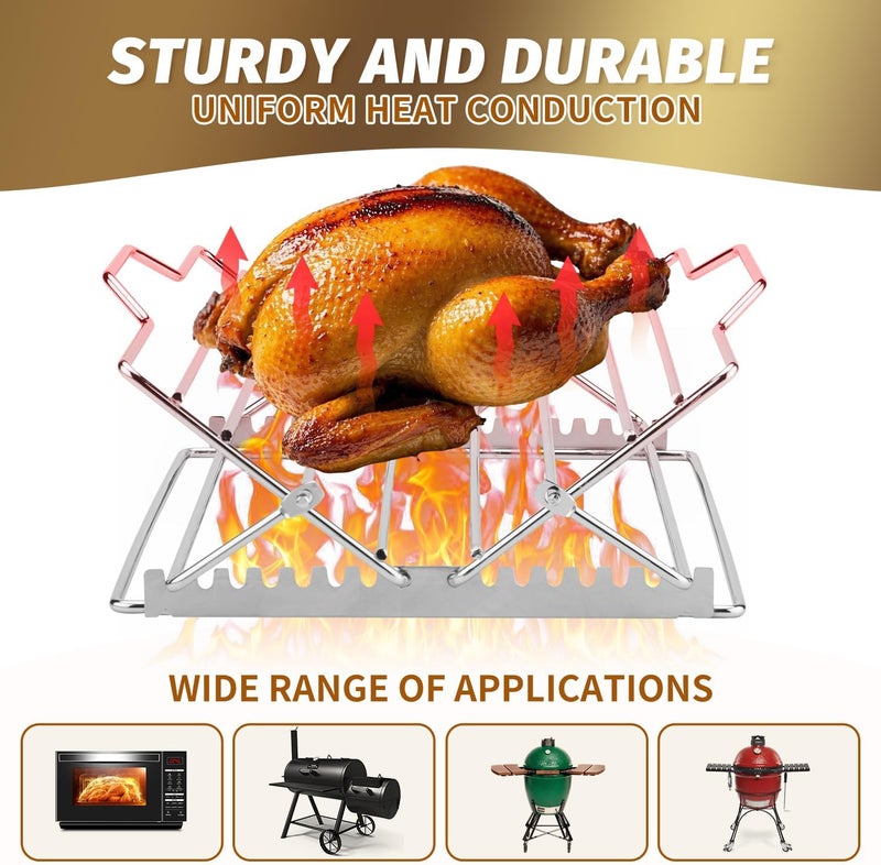 AGIgear Adjustable Chicken Roasting Rack,Non-Stick Roasting and Cooling Rack, Stainless Steel Foldable Roasting Rack,V-Shaped Stand for Turkey Chicken Includes basting Brush (Silver) - Image 3