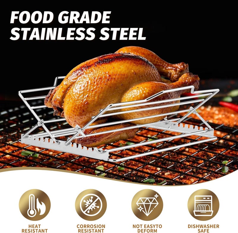 AGIgear Adjustable Chicken Roasting Rack,Non-Stick Roasting and Cooling Rack, Stainless Steel Foldable Roasting Rack,V-Shaped Stand for Turkey Chicken Includes basting Brush (Silver) - Image 4