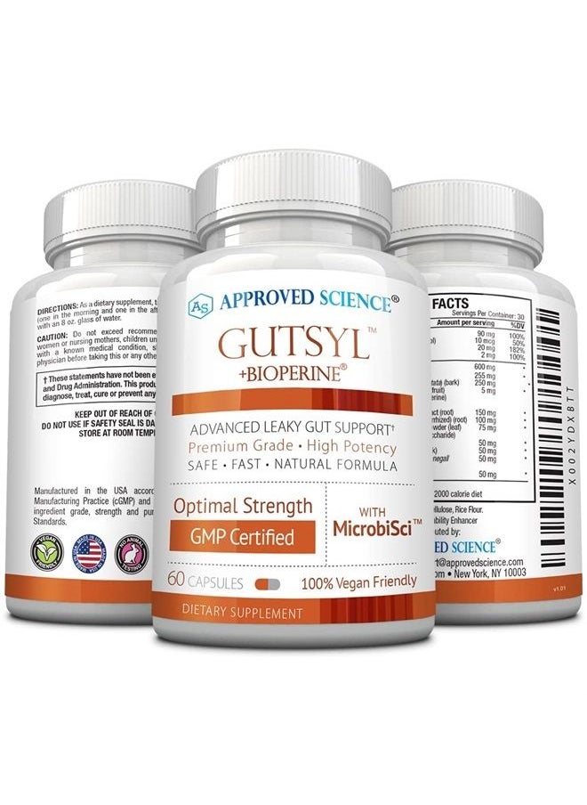 Approved Science - ® Gutsyl- Leaky Gut Supplement- Protect GI Tract with Aloe Vera, Marshmallow Root, Licorice, and Slippery Elm- Contains Prebiotic and BioPerine- 3 Month Supply- 100% Vegan - Image 1