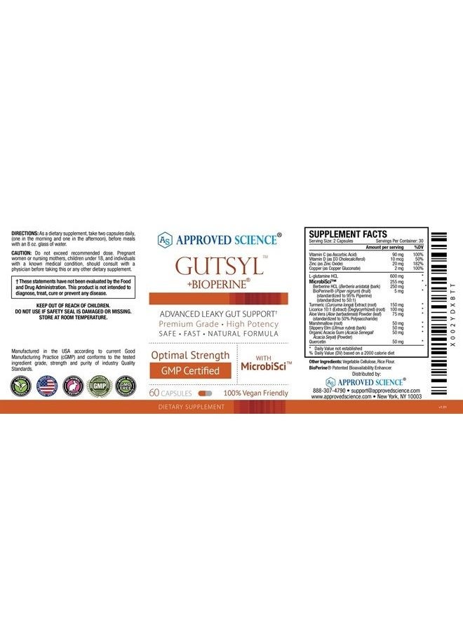 Approved Science - ® Gutsyl- Leaky Gut Supplement- Protect GI Tract with Aloe Vera, Marshmallow Root, Licorice, and Slippery Elm- Contains Prebiotic and BioPerine- 3 Month Supply- 100% Vegan - Image 1